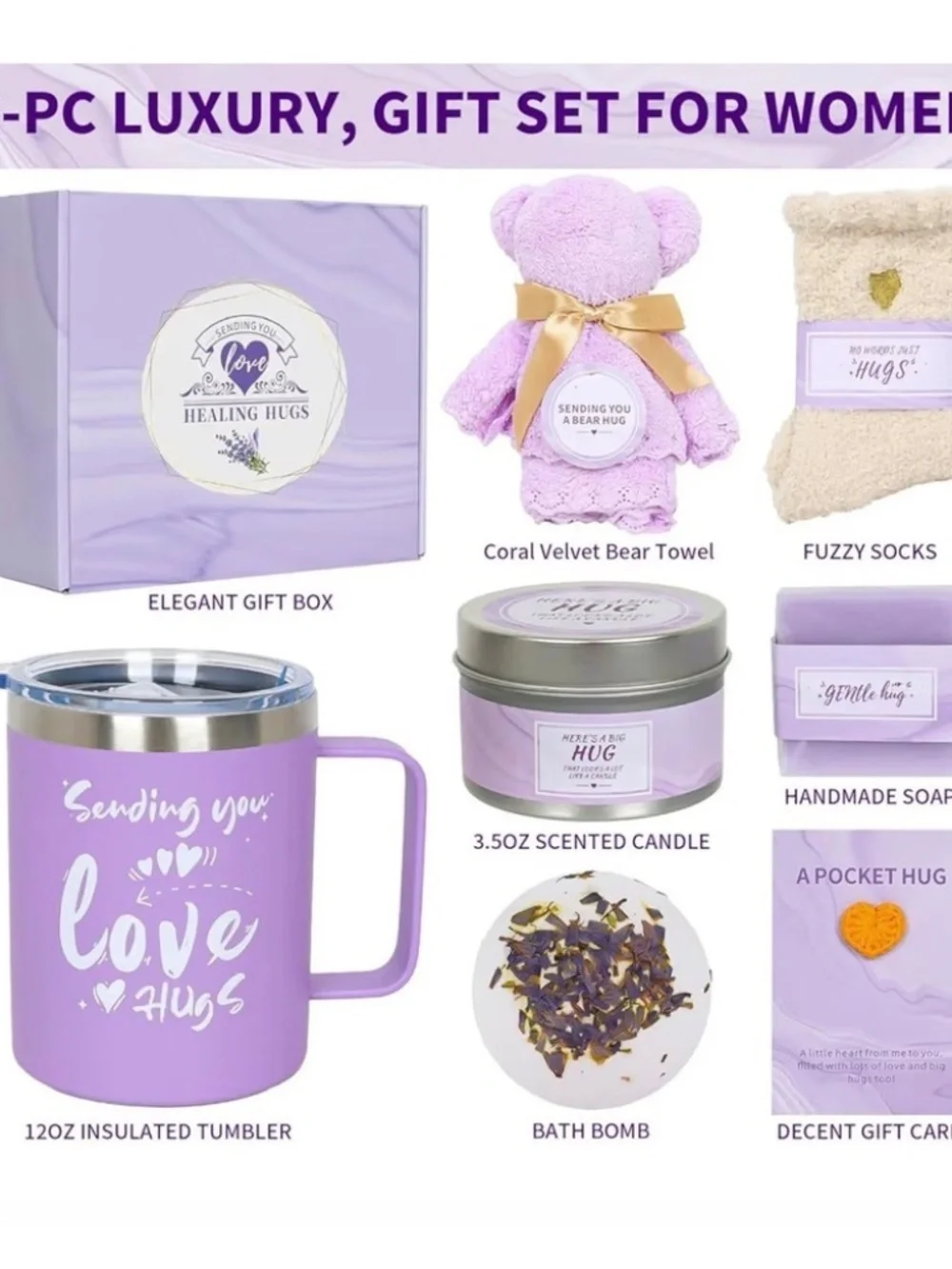 Healing Hugs 8 piece Luxury Lavender Spa Gift Set for Women Men
